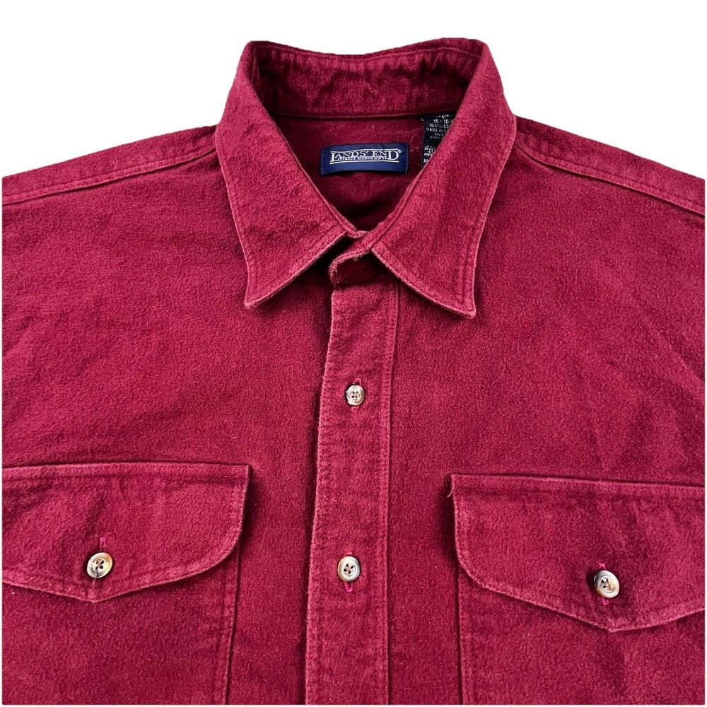 Vintage Lands End Chamois Flannel Shirt Men L Red Work Long Sleeve Chest Pockets